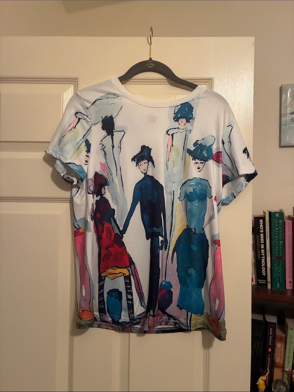 Artistic Watercolor Print Women’s T-Shirt - White with Multicolor Figures